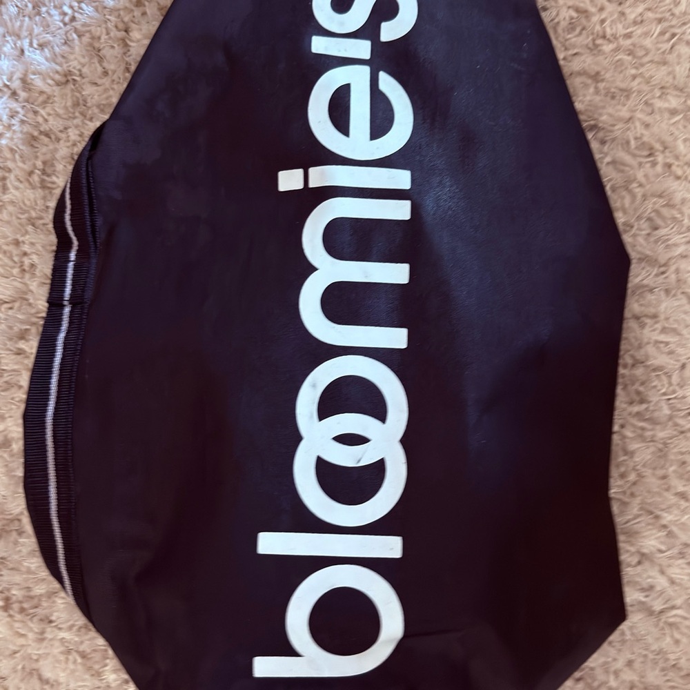 black travel shoulder bag with white logo Bloomingdale’s synthetic